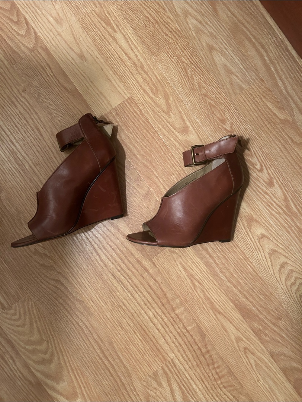 Levity Cognac Leather Peep-Toe Ankle-Strap Wedge Sandals